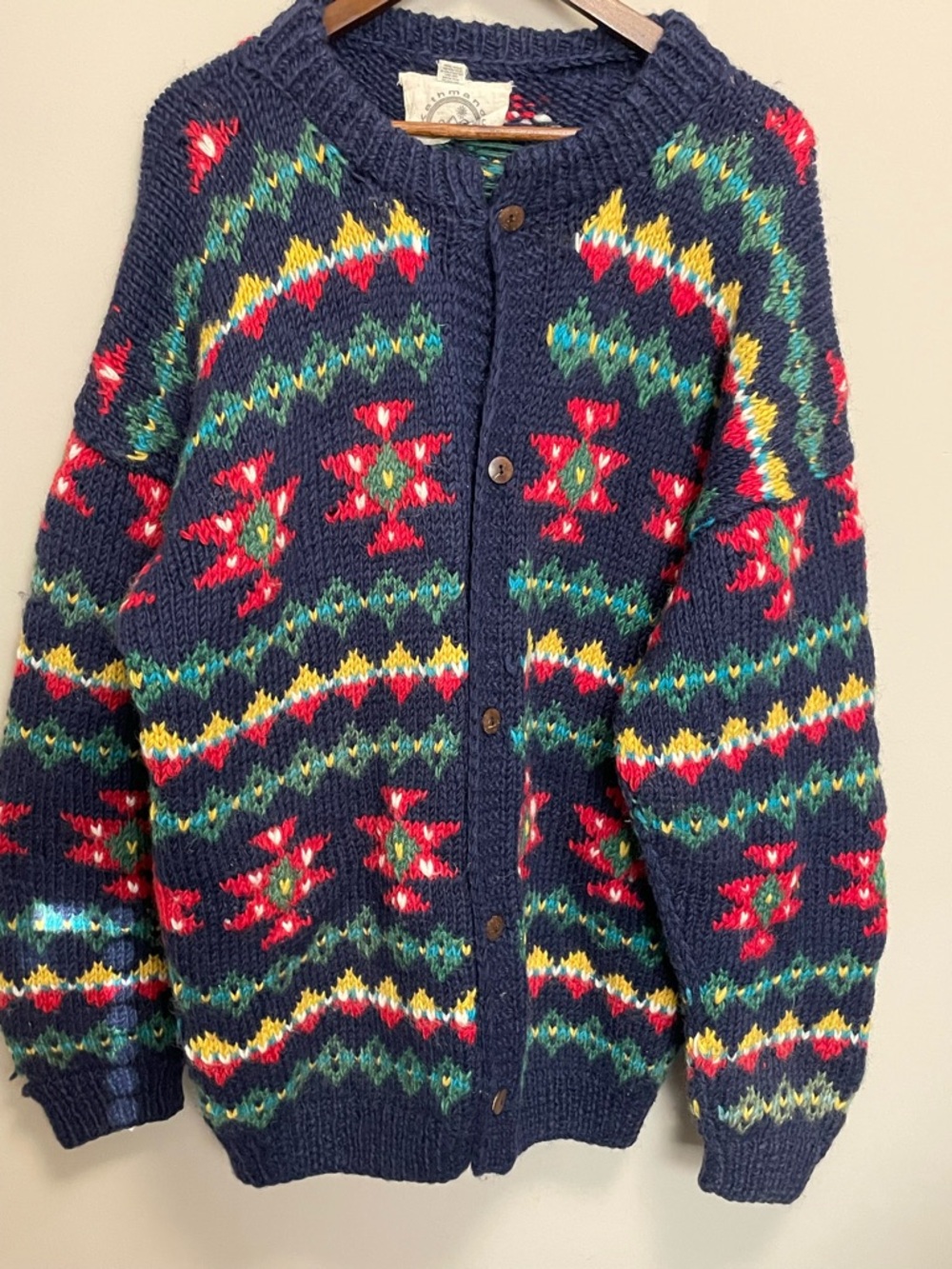 Kathmandu Woolens Navy Chunky Knit Wool Cardigan Size XL Handmade In Nepal